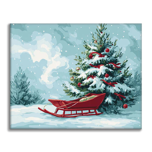 크리스마스트리와 썰매 - 유화그리기