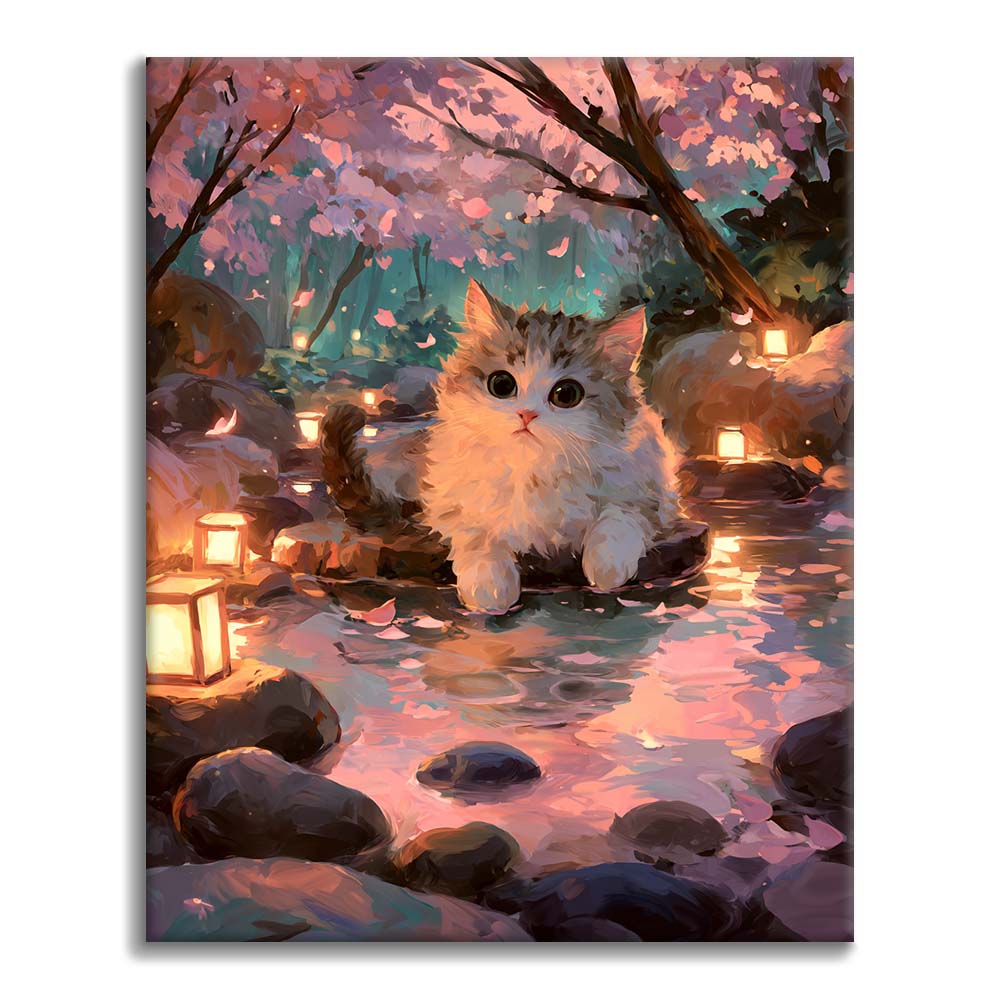 벚꽃 아래 온천 고양이 - 유화그리기