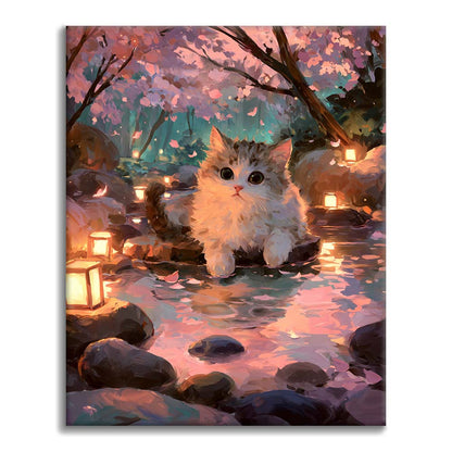 벚꽃 아래 온천 고양이 - 유화그리기
