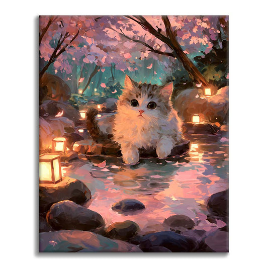벚꽃 아래 온천 고양이 - 유화그리기